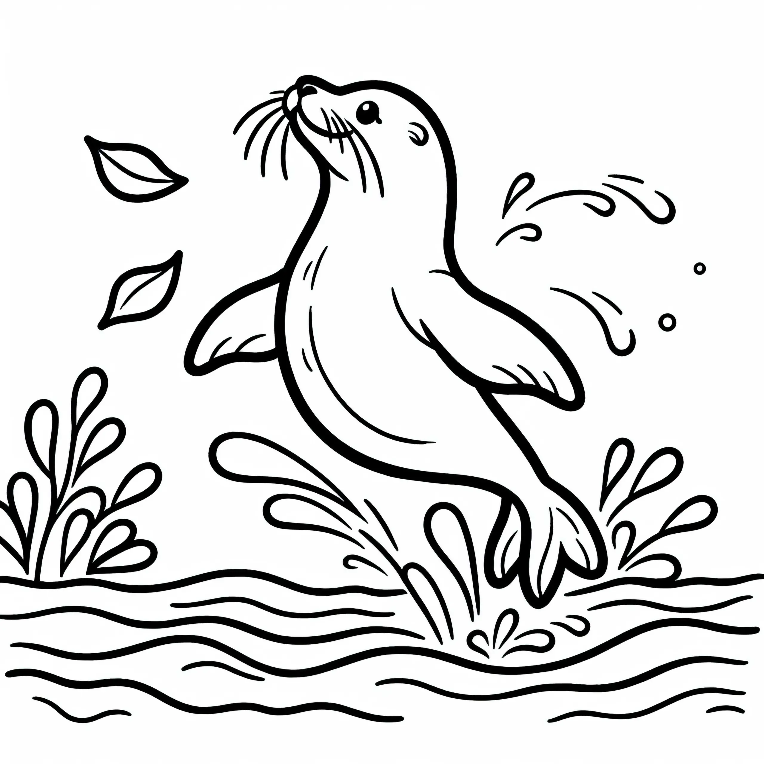 Seelöwe springt elegant aus dem Wasser – Malvorlage gratis (Ausmalbild)