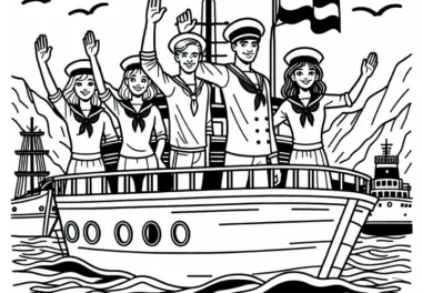 Seemänner winken von Schiff am Hafen – Ausmalbild kostenlos