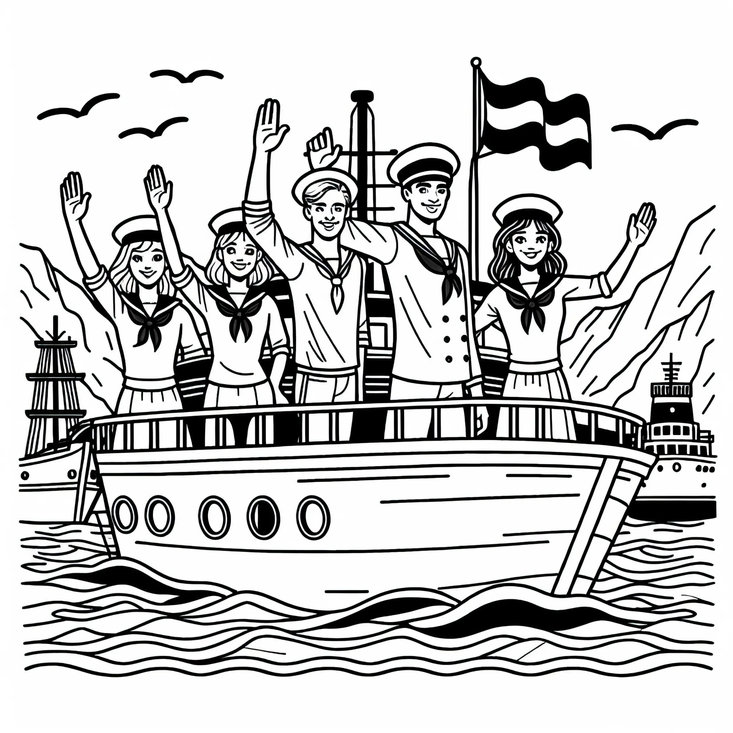 Seemänner winken von Schiff am Hafen – Ausmalbild kostenlos