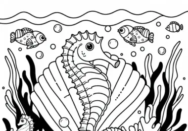 Seepferdchen und kleine Fische tanzen um eine Muschel – Ausmalbild kostenlos
