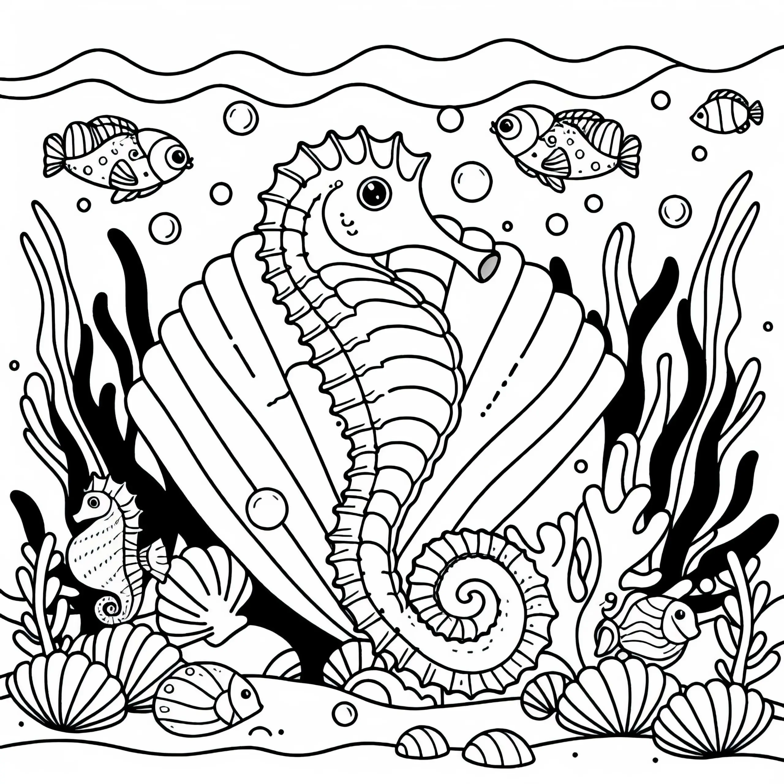 Seepferdchen und kleine Fische tanzen um eine Muschel – Ausmalbild kostenlos