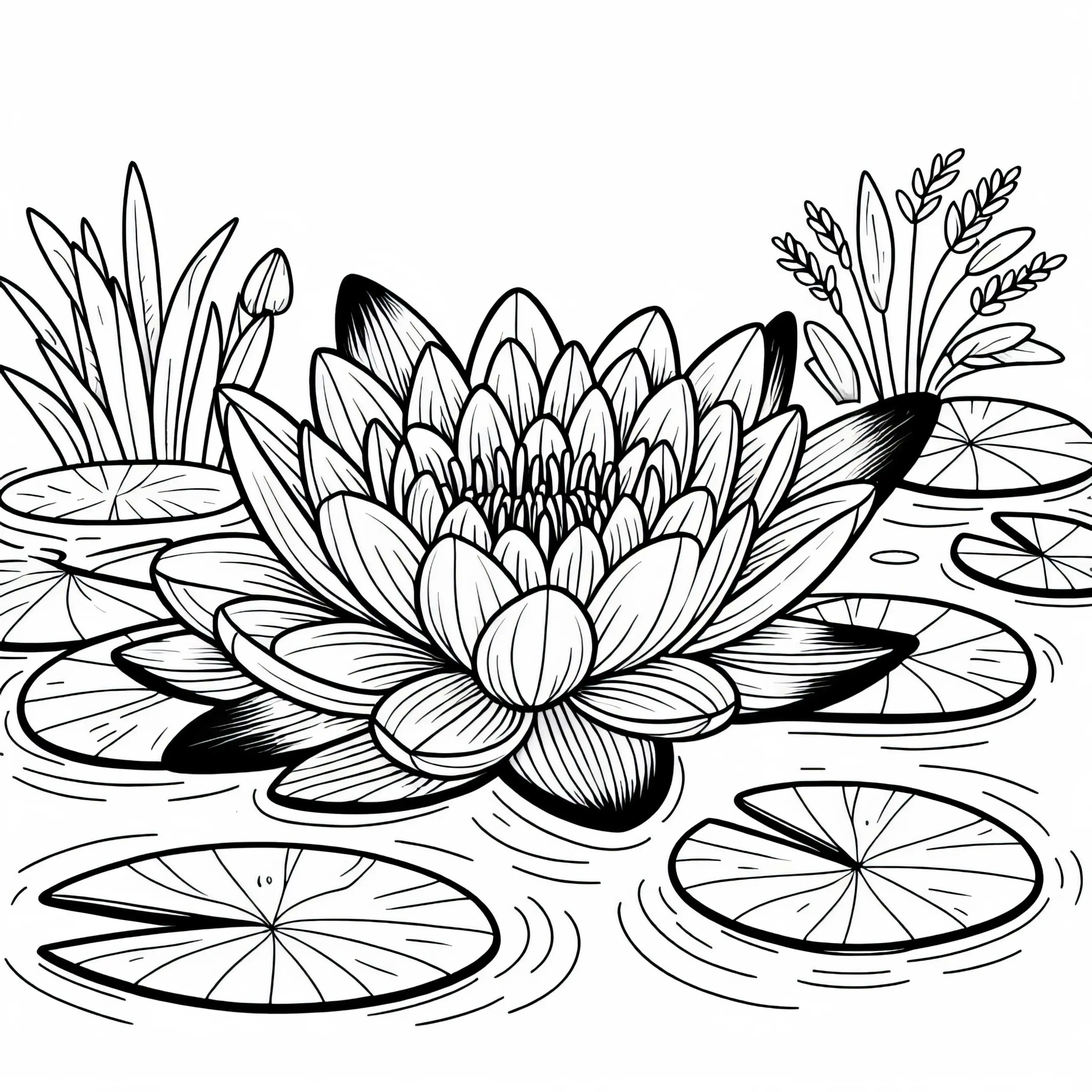 Seerose öffnet sich auf Gartenteich – Ausmalbild gratis