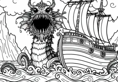 Seeungeheuer taucht vor dem Bug eines Piratenschiffs auf – Ausmalbild kostenlos