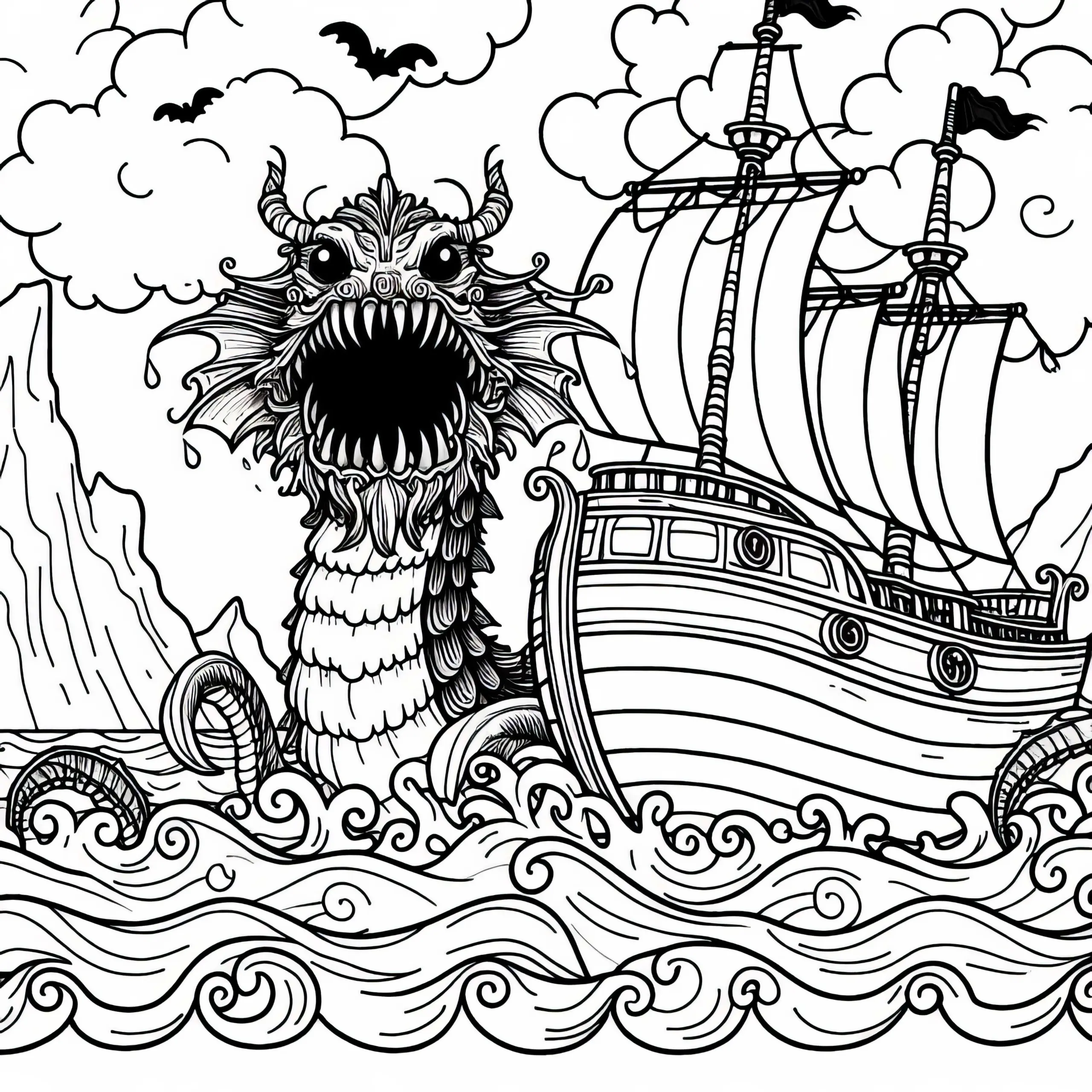 Seeungeheuer taucht vor dem Bug eines Piratenschiffs auf – Ausmalbild kostenlos