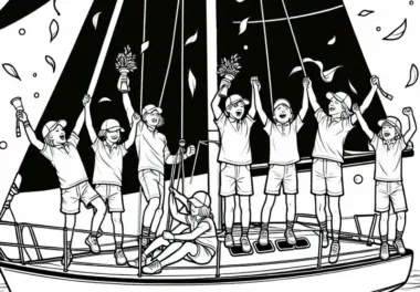 Segel-Team feiert Sieg nach Segelwettbewerb – Malvorlage kostenlos