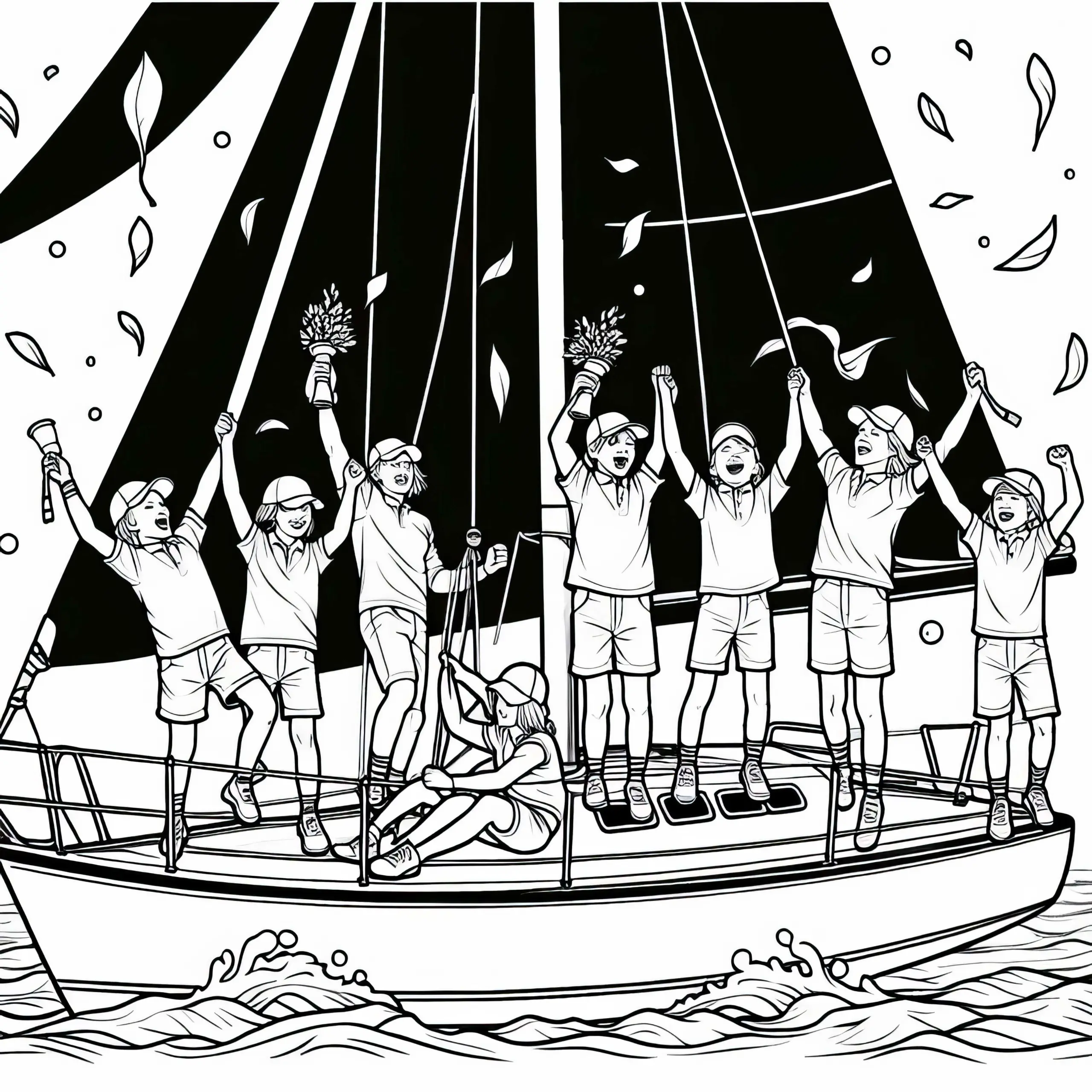 Segel-Team feiert Sieg nach Segelwettbewerb – Malvorlage kostenlos (Ausmalbild)