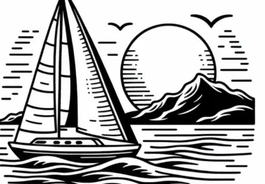 Segelboot gleitet sanft über das Wasser bei Sonnenuntergang – Ausmalbild kostenlos