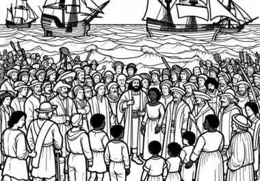 Segelschiffe an fremder Küste Malvorlage Entdeckung Amerikas gratis