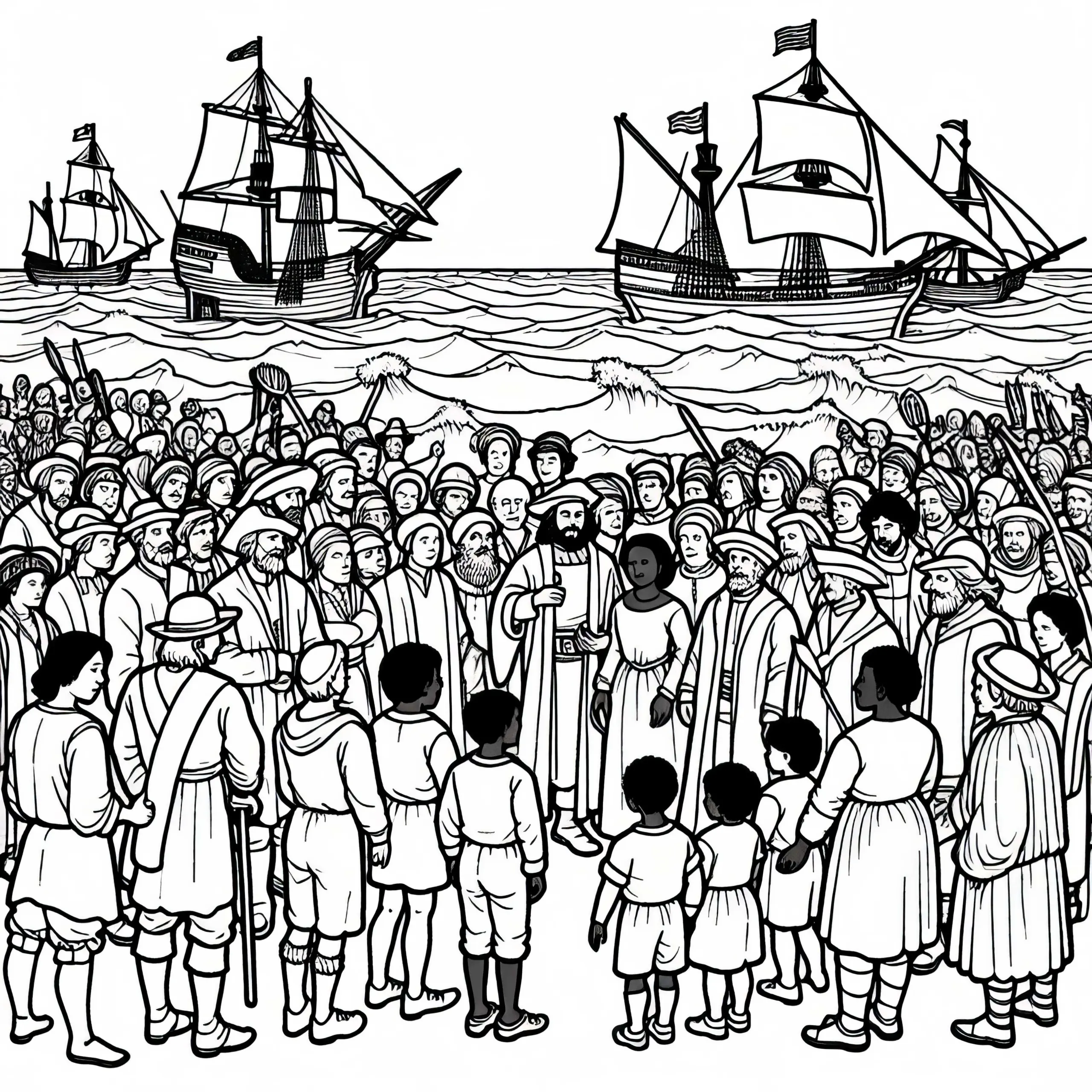 Segelschiffe an fremder Küste Malvorlage Entdeckung Amerikas gratis (Ausmalbild)