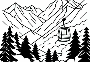Seilbahn fährt zwischen hohen Bergen – Malvorlage Gebirge kostenlos herunterladen