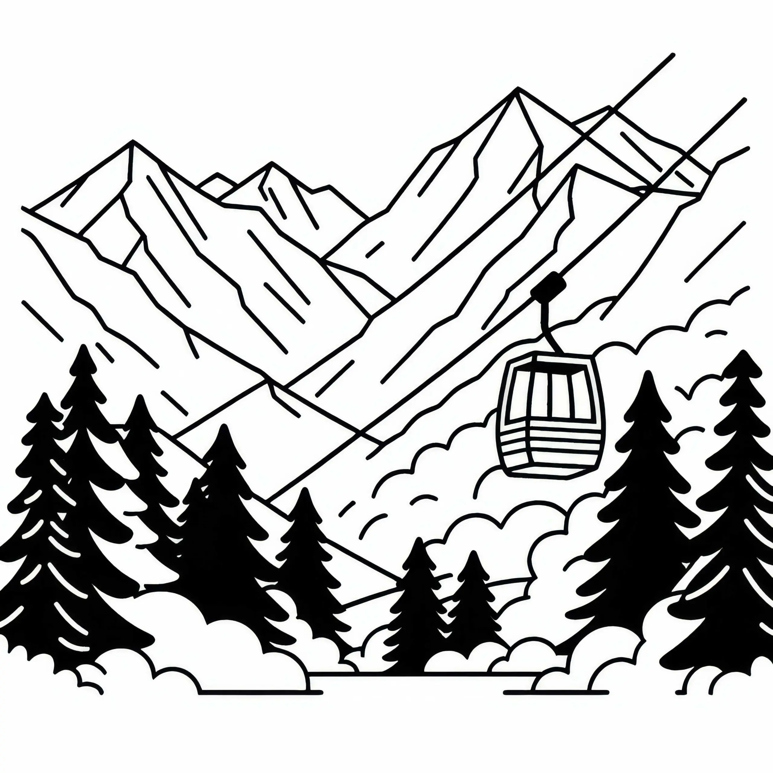 Seilbahn fährt zwischen hohen Bergen – Malvorlage Gebirge kostenlos herunterladen (Ausmalbild)