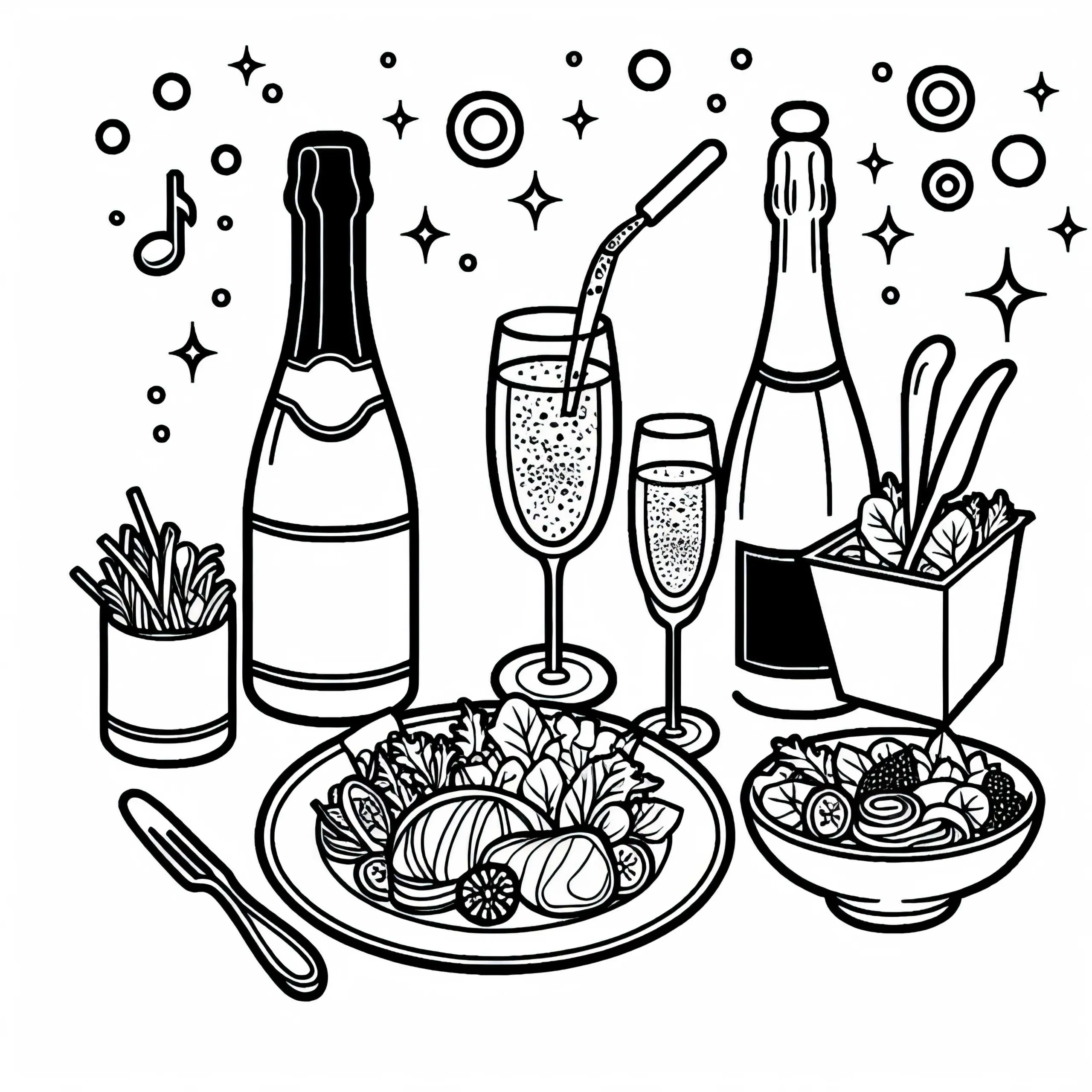 Sekt als Getränk zum Essen – Ausmalbild gratis
