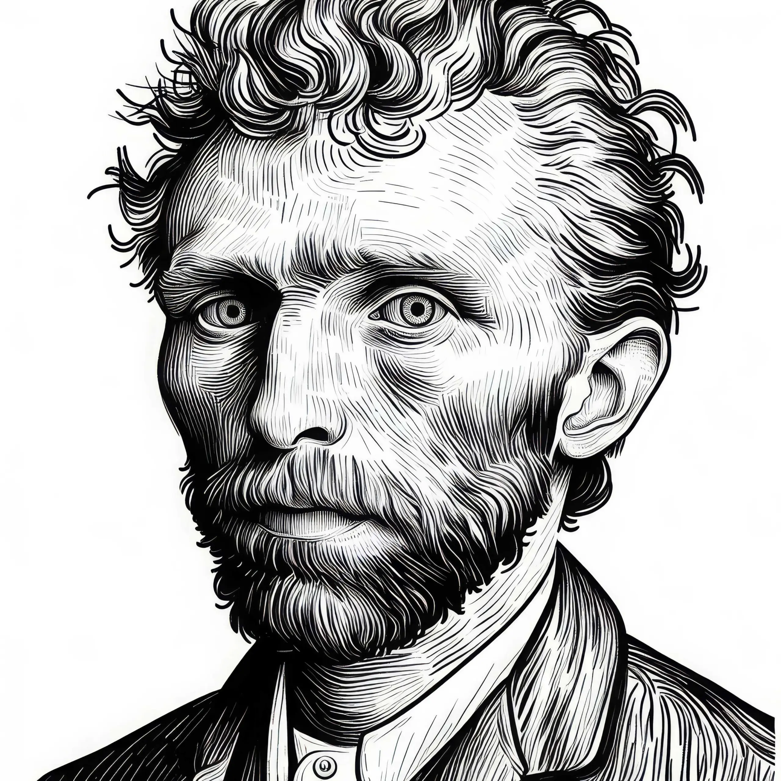 Selbstporträt im Skizzenstil: Malvorlage von Vincent van Gogh (Kostenlos) (Ausmalbild)