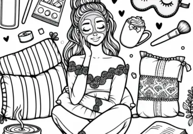 Selbstfürsorge-Bild mit Maske, Kissen, Buch und Tasse – Malvorlage für Mädchen ab zwölf kostenlos