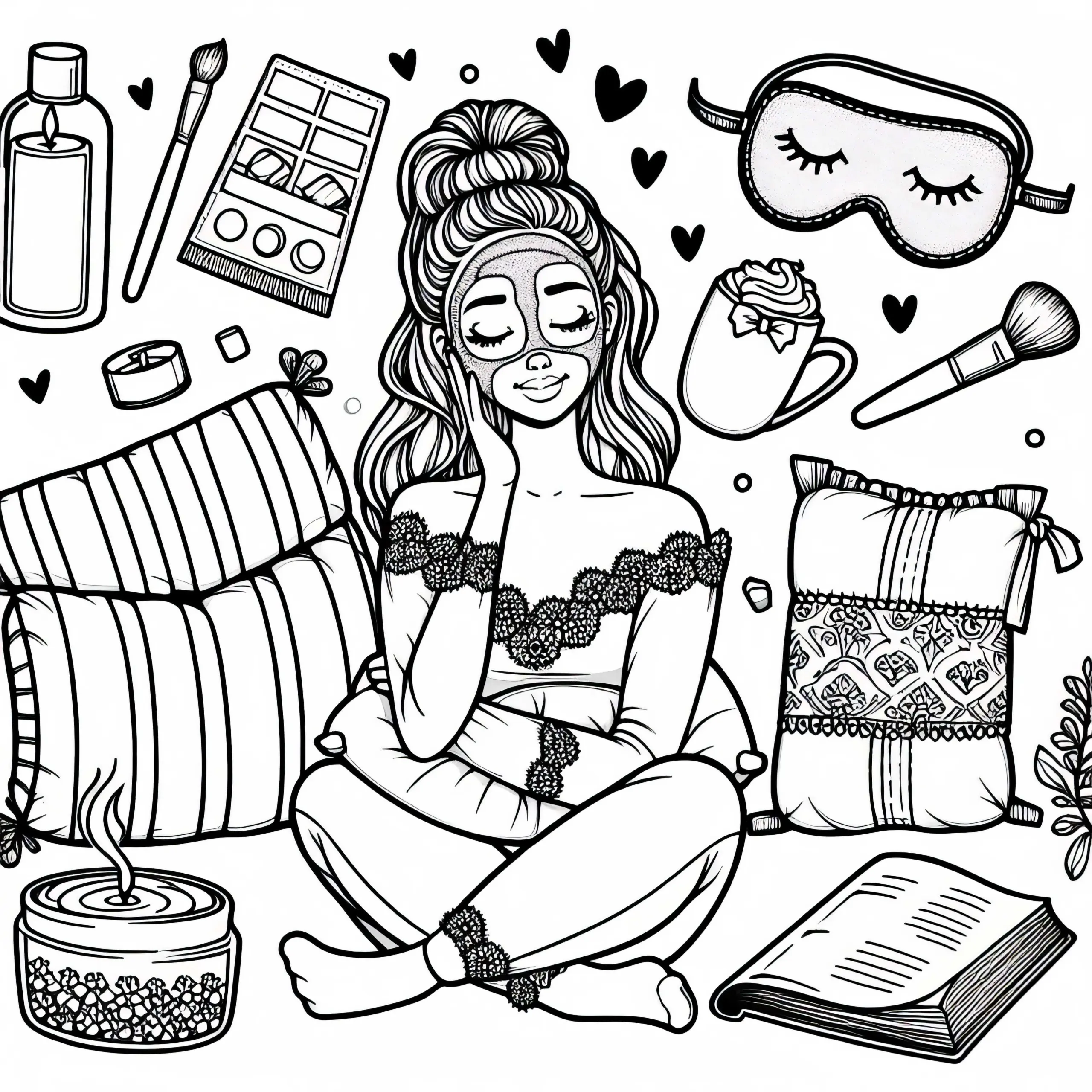 Selbstfürsorge-Bild mit Maske, Kissen, Buch und Tasse – Malvorlage für Mädchen ab zwölf kostenlos (Ausmalbild)