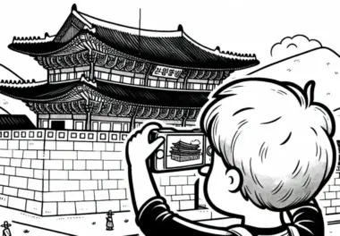 Junge macht Foto vom Gyeongbokgung-Palast – Ausmalbild gratis