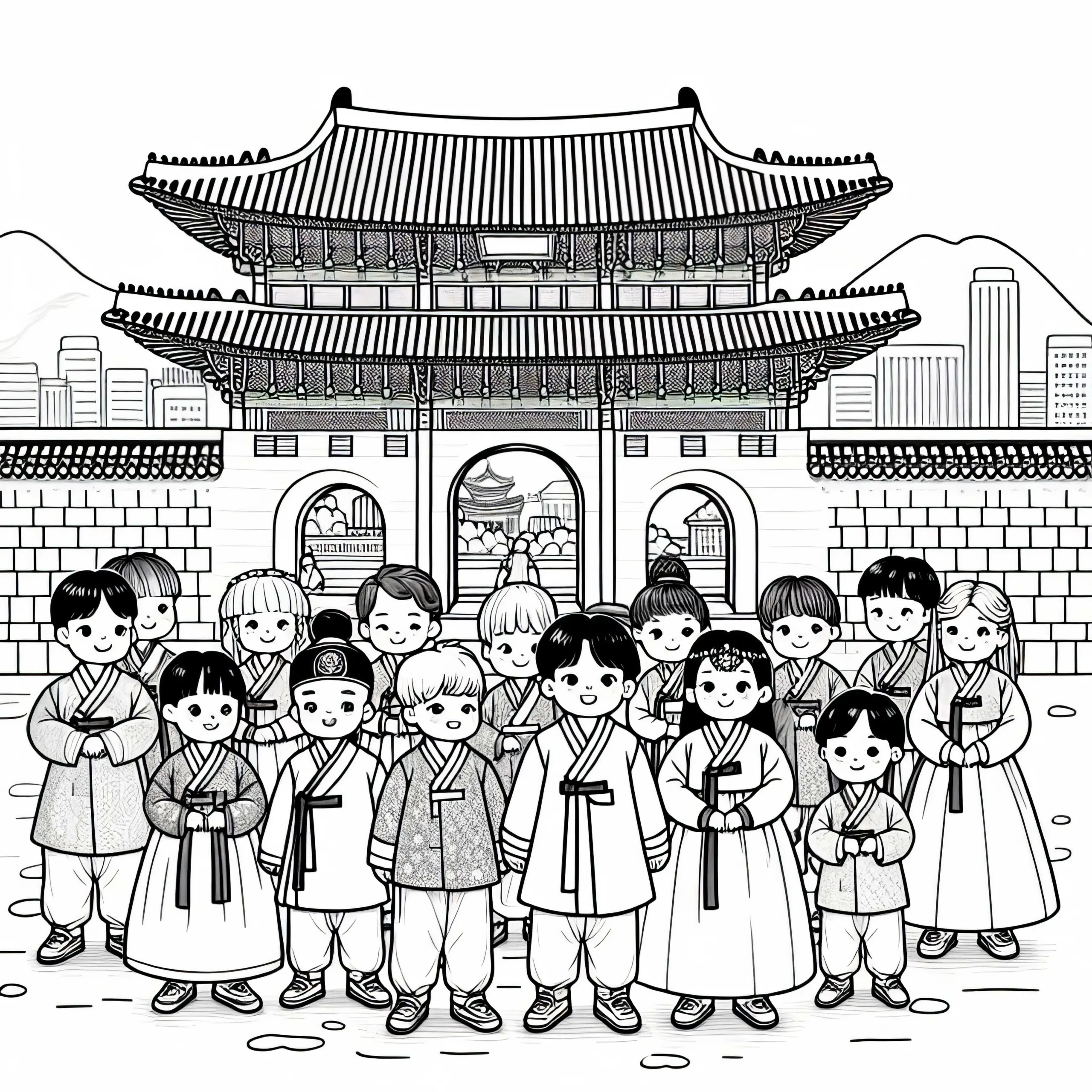 Seoul: Kinder tragen traditionelle Kleidung und stehen vor einem Palast – Ausmalbild gratis