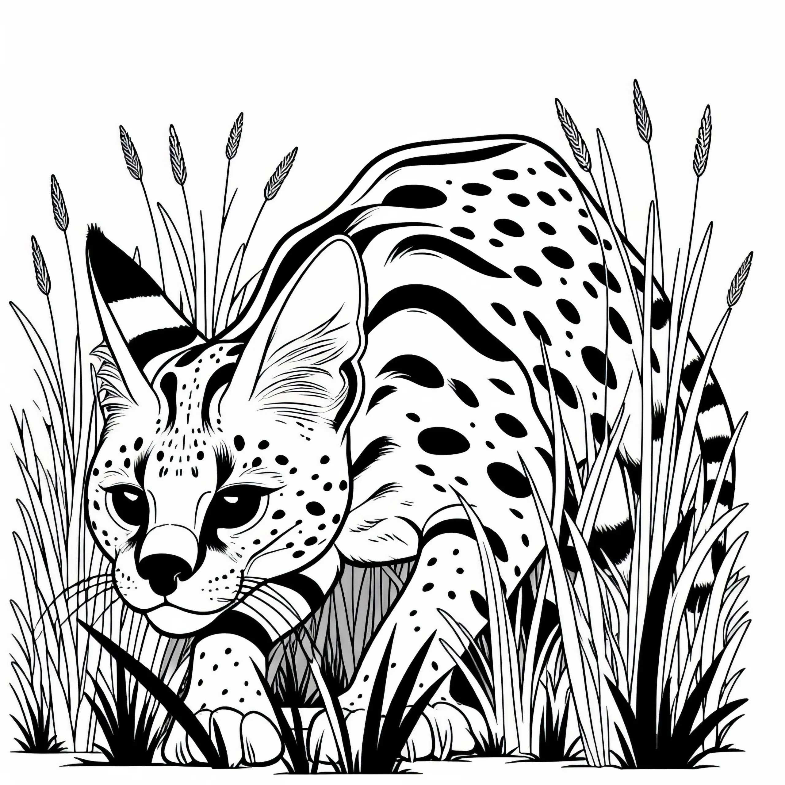 Serval Pirscht Durch Hohes Gras – Malvorlage Kostenlos (Ausmalbild)
