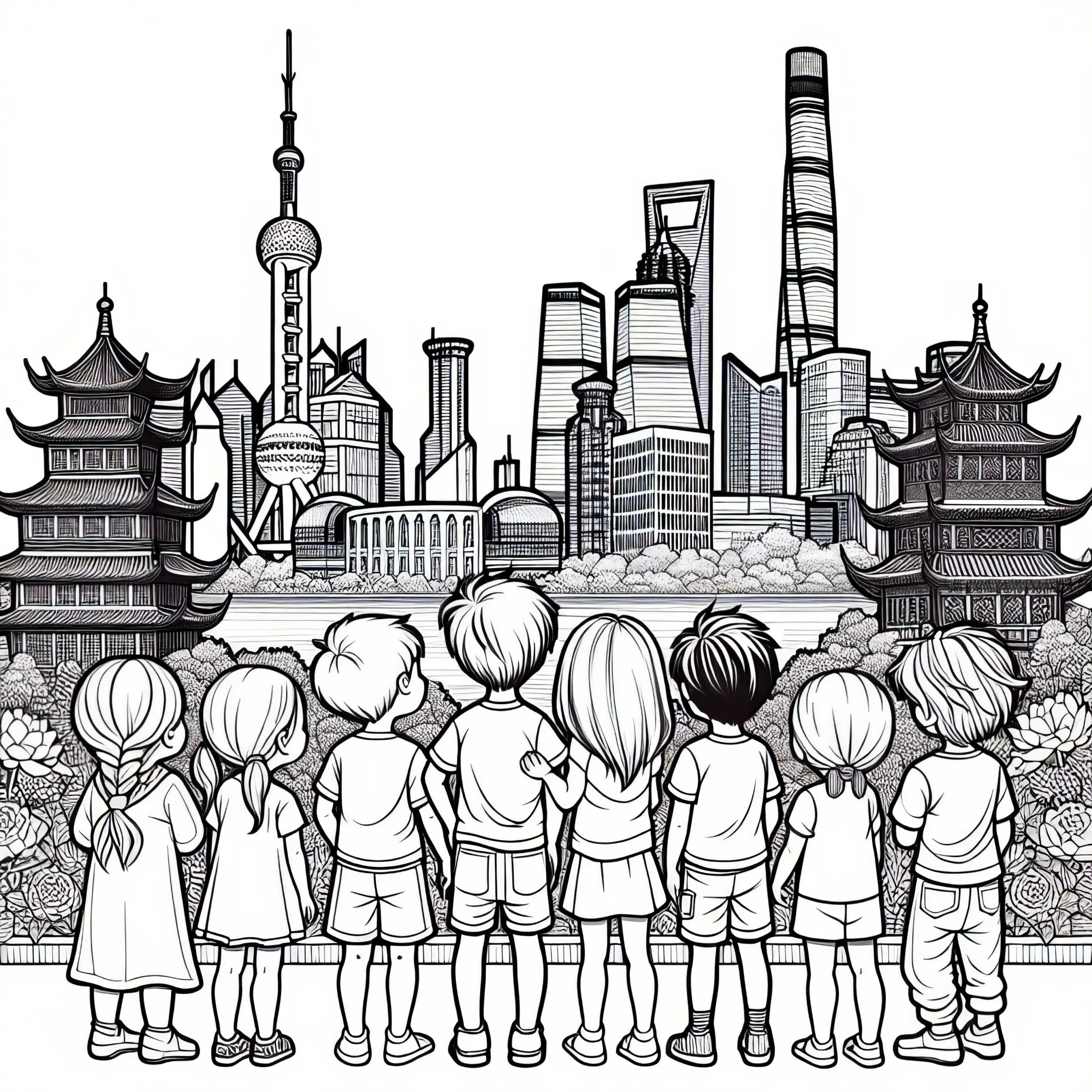 Shanghai: Moderne Hochhäuser und alte Tempel – Ausmalbild kostenlos