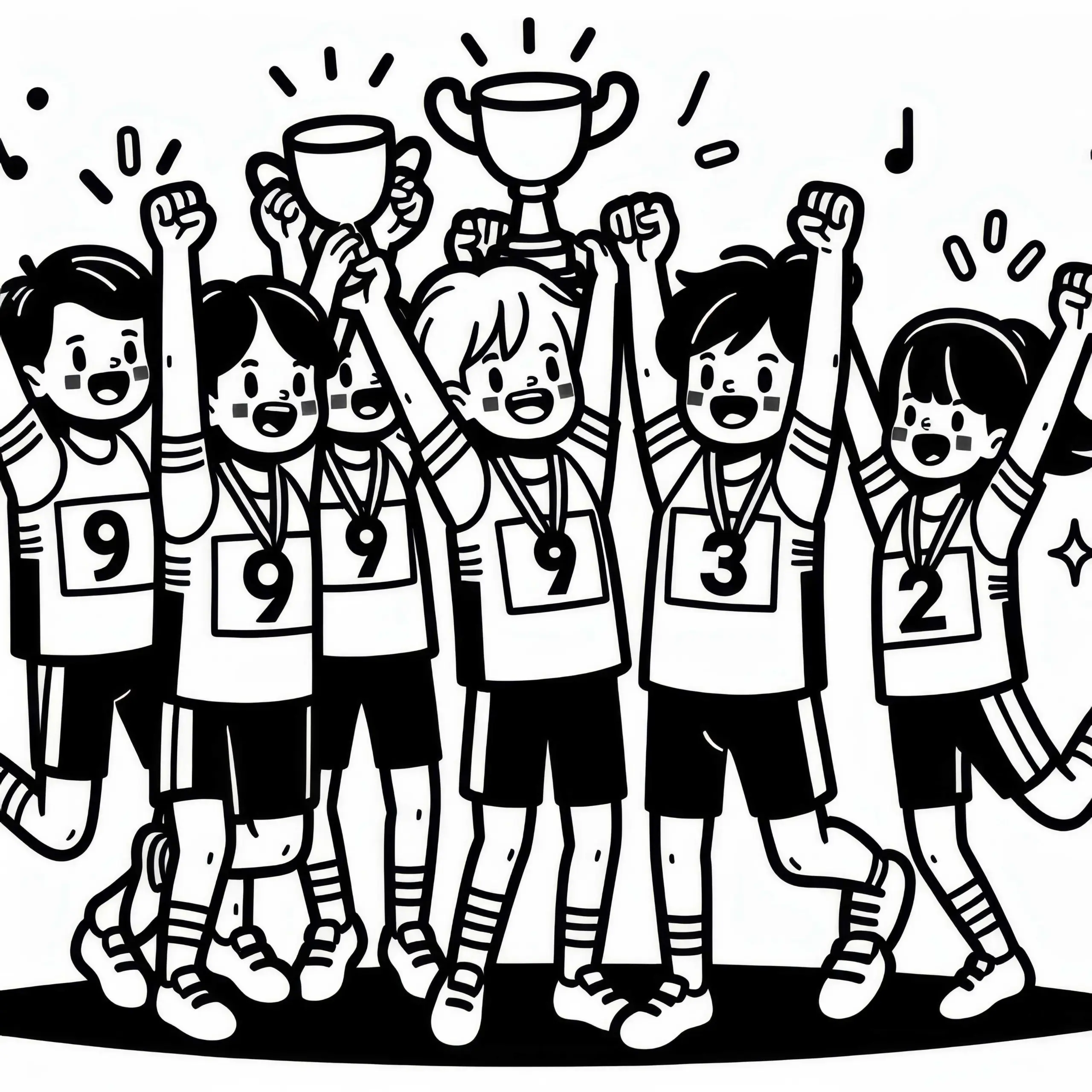 Shorttrack-Team feiert Sieg – Malvorlage gratis (Ausmalbild)