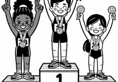 Siegerehrung mit Athleten auf dem Podium – Ausmalbild Leichtathletik kostenlos