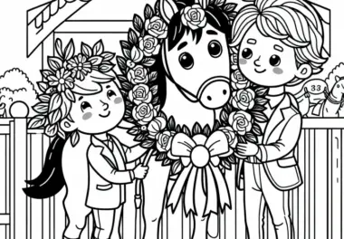 Siegerpferd bekommt Blumenkranz und Trophäe nach Pferderennen – Ausmalbild zum Download