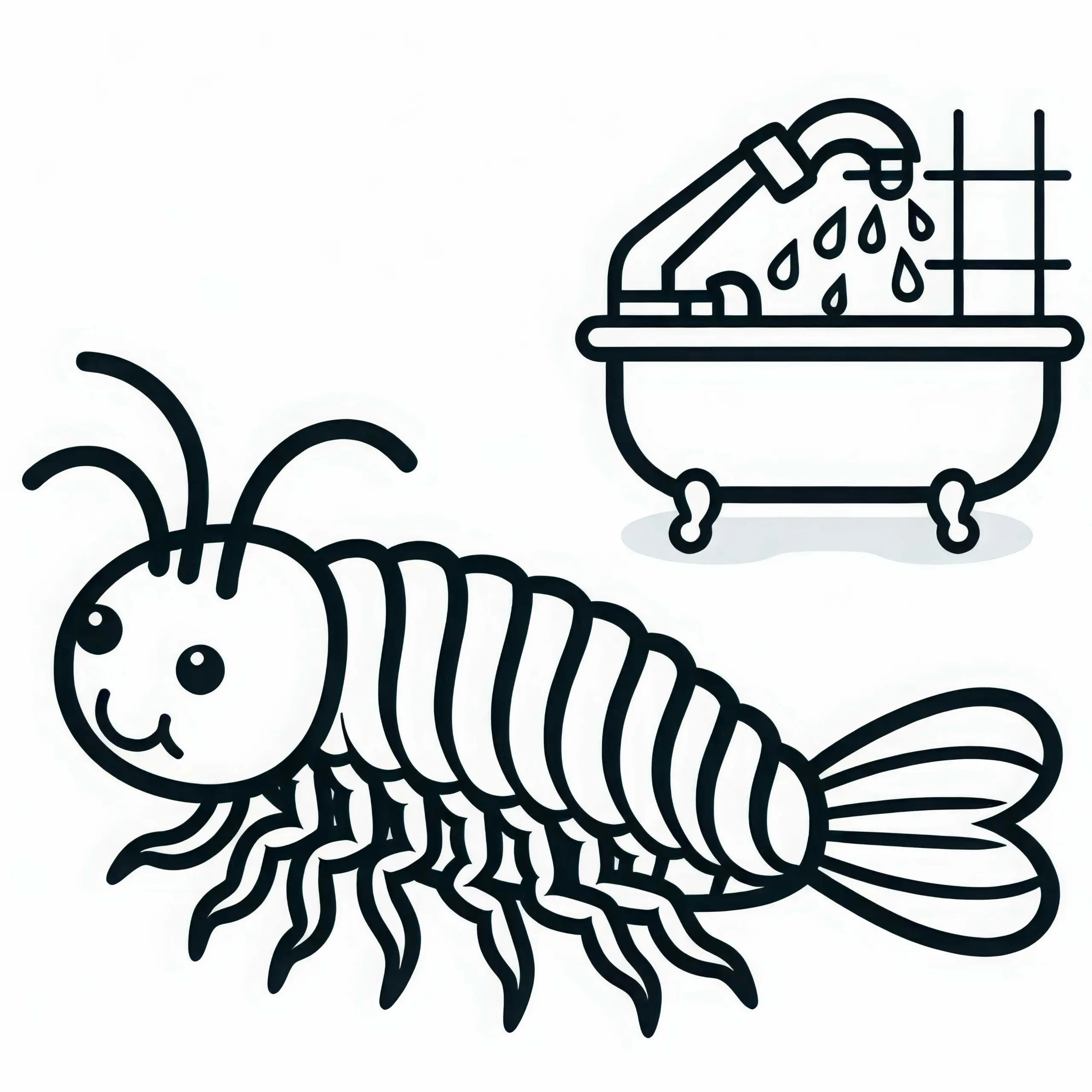 Silberfisch huscht über den Badezimmerboden – Malvorlage gratis (Ausmalbild)