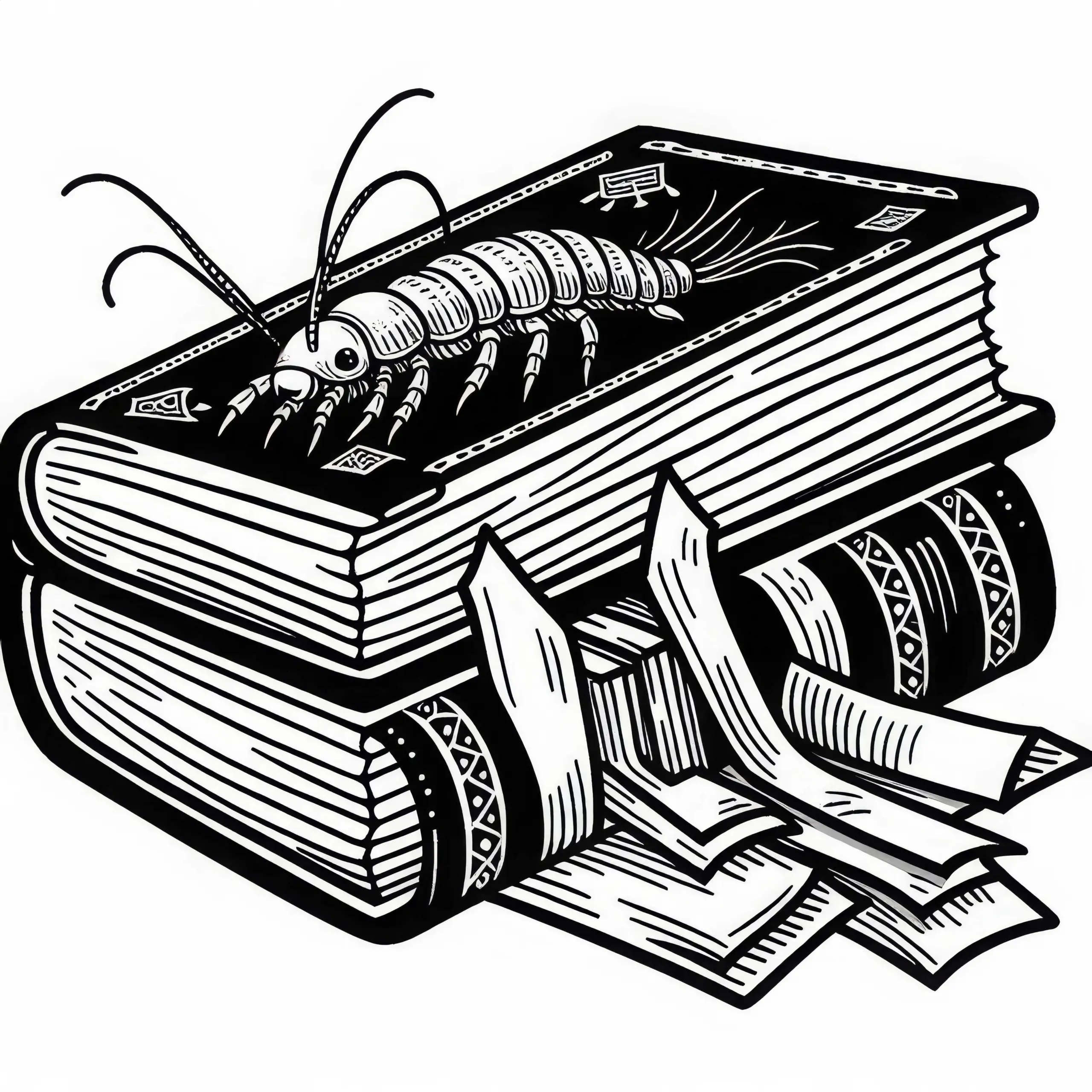 Silberfisch kriecht auf Büchern – Ausmalbild kostenlos herunterladen