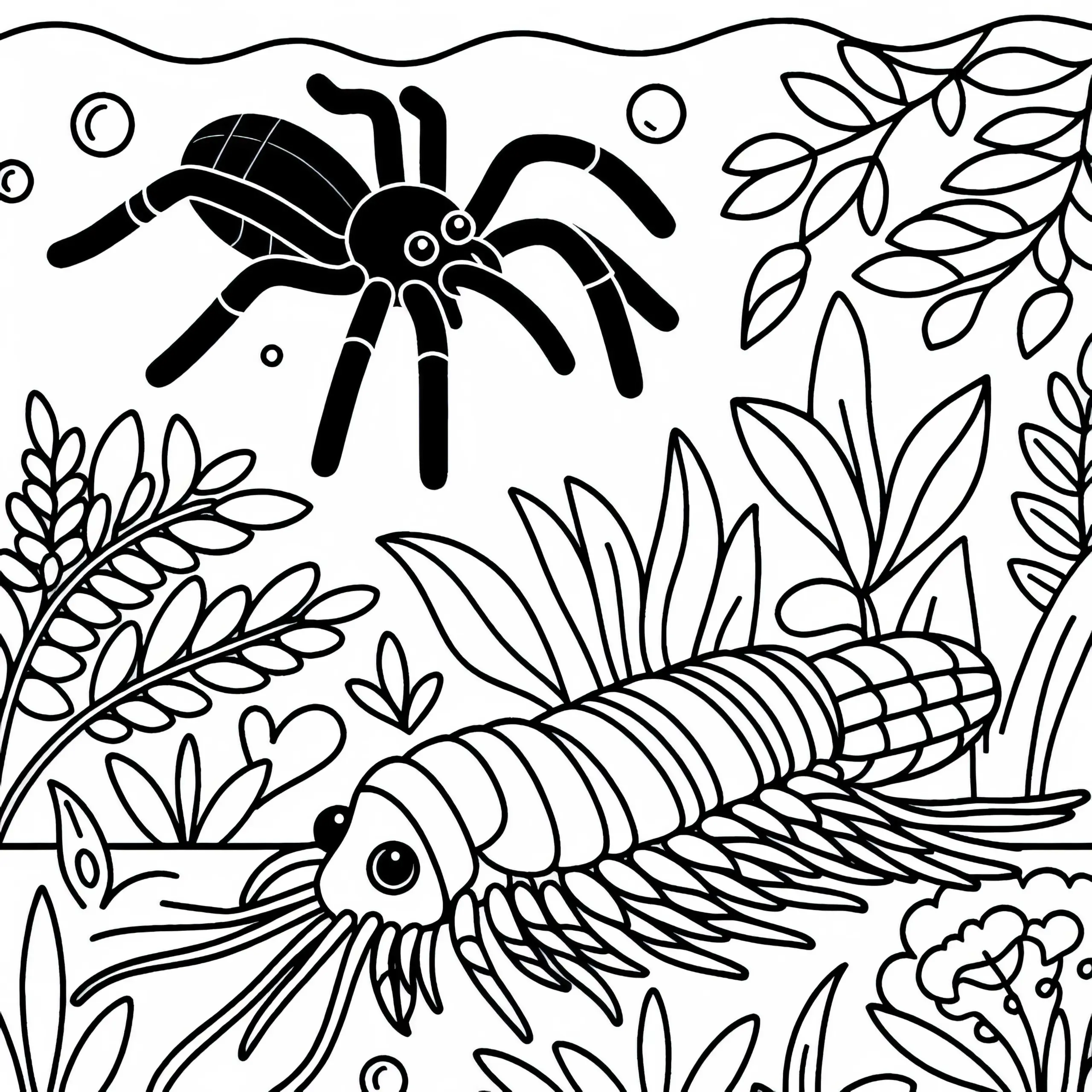 Silberfisch wird von Spinne beobachtet – Ausmalbild gratis