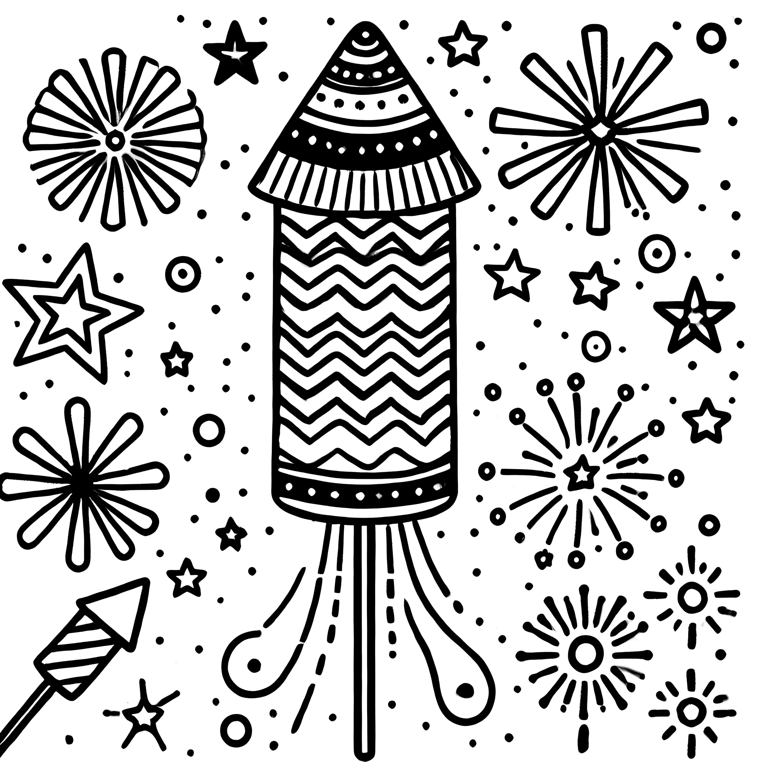 Silvesterrakete & Feuerwerk: kostenlose Malvorlage für Kinder (Ausmalbild)