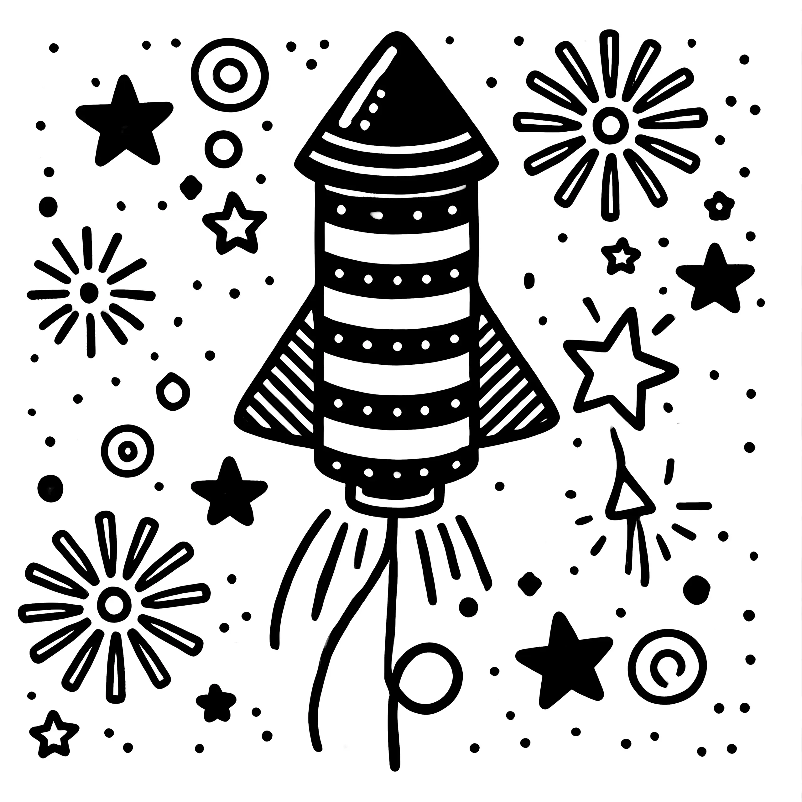 Silvesterrakete & Sterne: Ausmalbild für Kinder