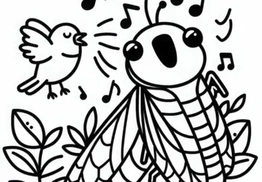 Singzikade und Vogel singen – Ausmalbild kostenlos
