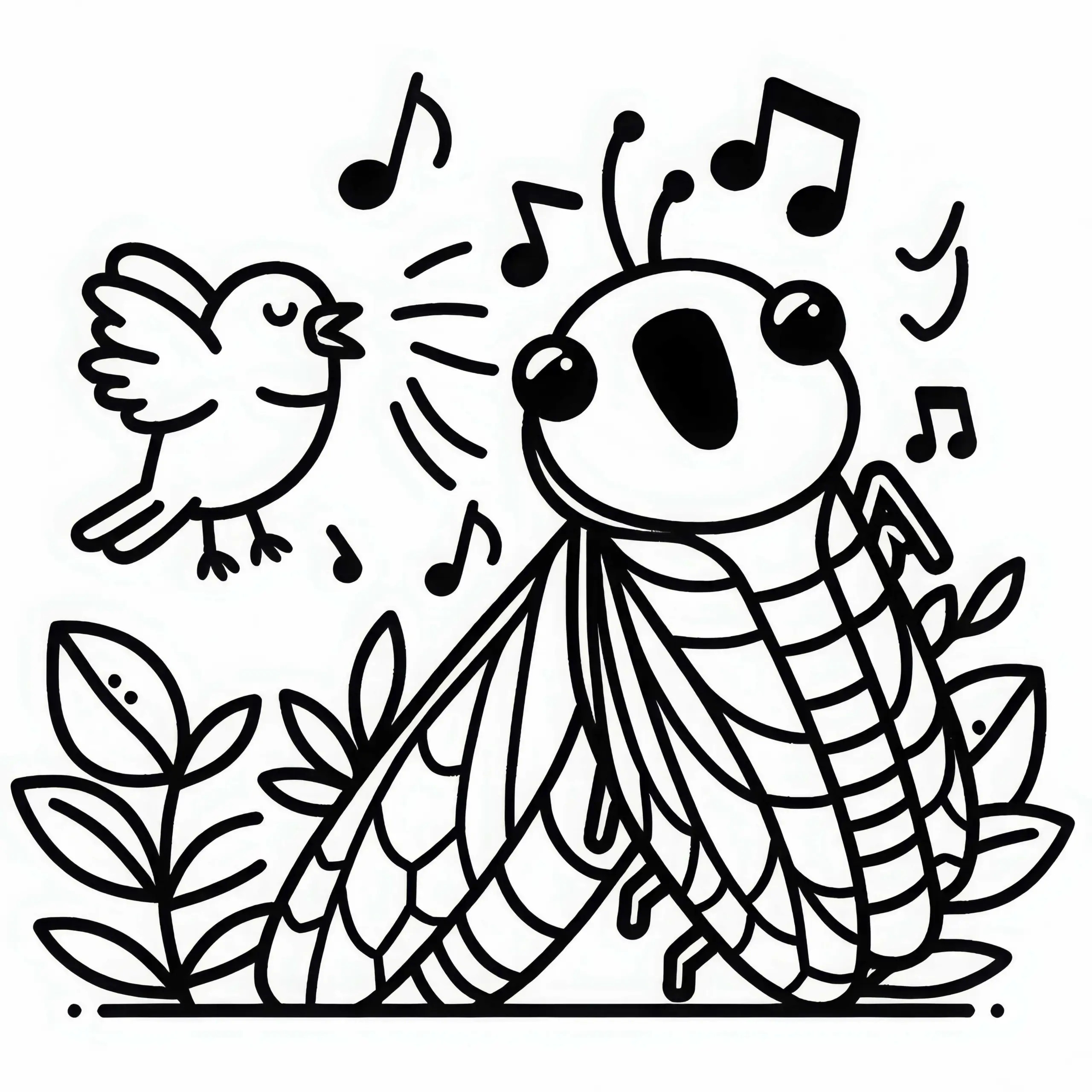 Singzikade und Vogel singen – Ausmalbild kostenlos