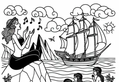 Sirenen sitzen auf Felsen und singen mit einem Segelschiff im Hintergrund – Ausmalbild kostenlos