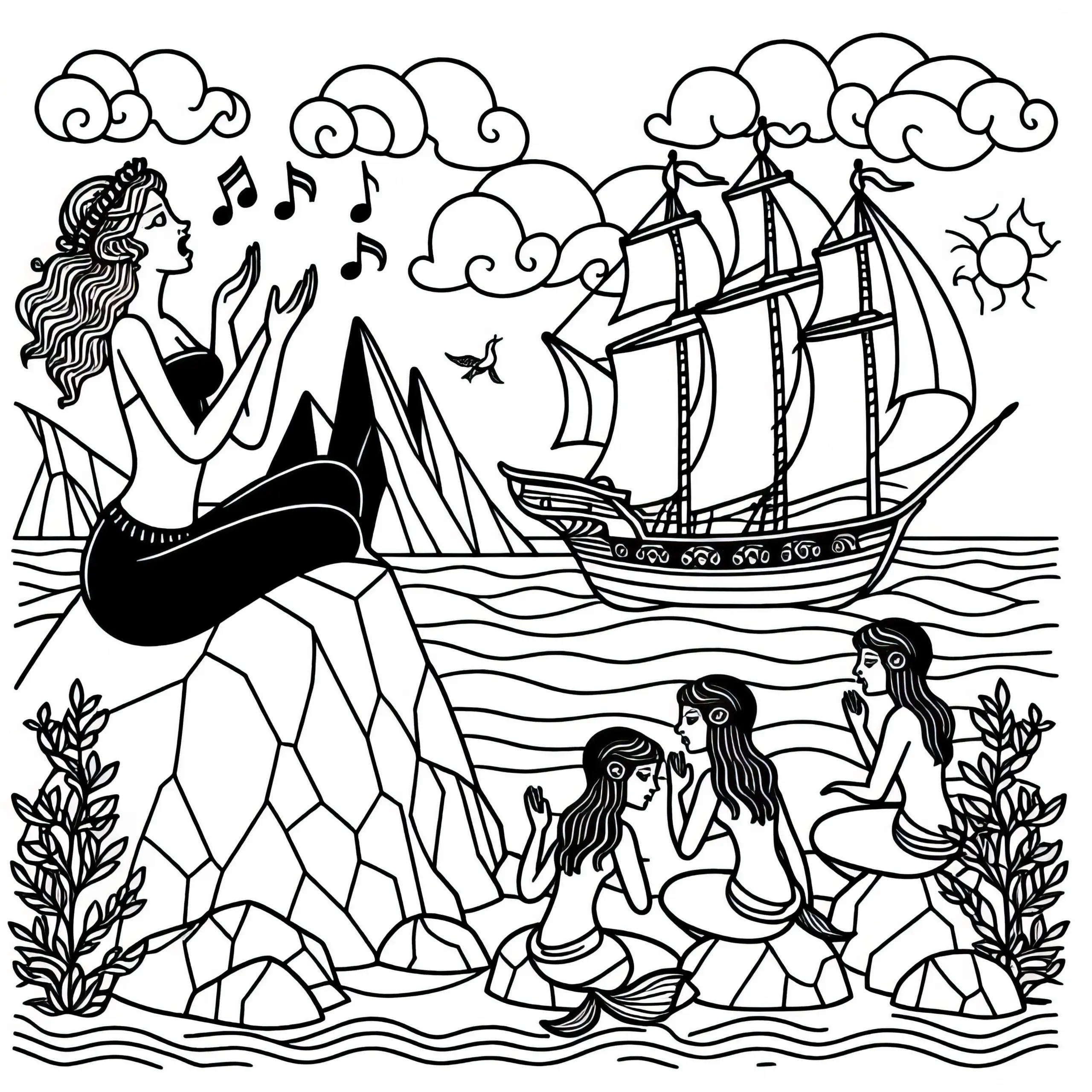Sirenen sitzen auf Felsen und singen mit einem Segelschiff im Hintergrund – Ausmalbild kostenlos