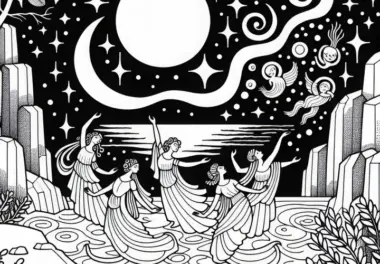 Sirenen tanzen im Mondlicht – Malvorlage kostenlos