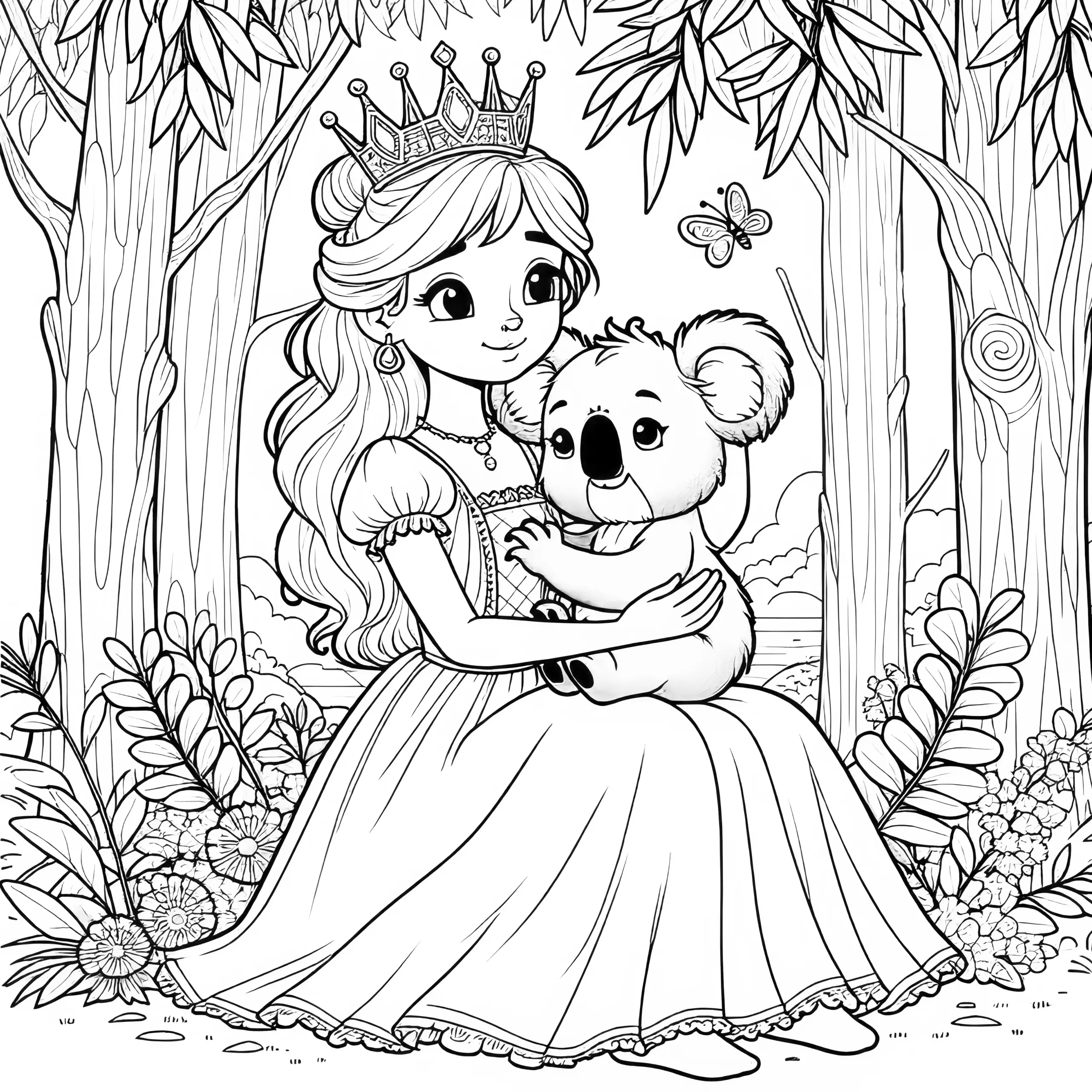 Sitzende Prinzessin im Dschungel mit Koala auf dem Arm (Gratis) (Ausmalbild)