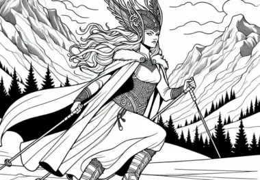 Skadi – Die Göttin der Jagd auf Skiern in den Bergen – Malvorlage nordische Mythologie kostenlos