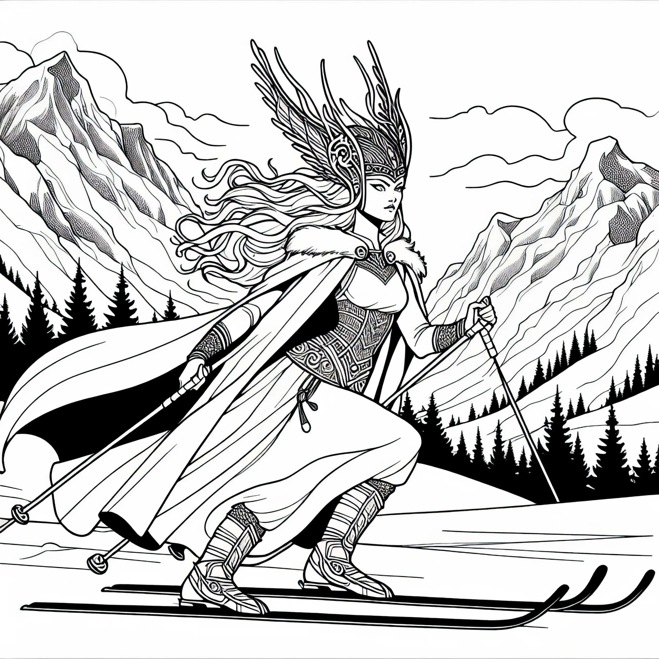 Skadi – Die Göttin der Jagd auf Skiern in den Bergen – Malvorlage nordische Mythologie kostenlos (Ausmalbild)