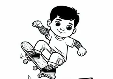 Skateboarder springt über Hindernis – Malvorlage für Jungs ab sechs kostenlos