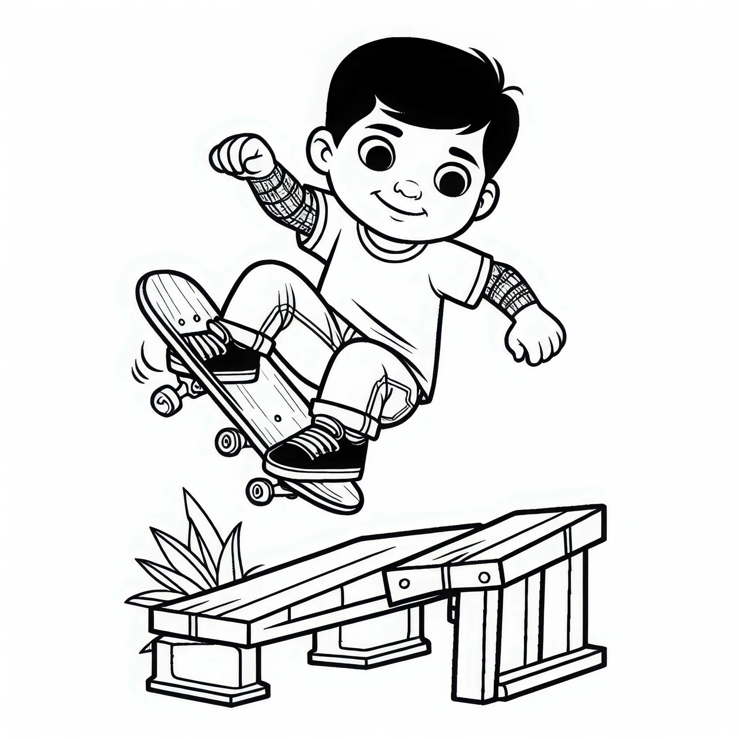 Skateboarder springt über Hindernis – Malvorlage für Jungs ab sechs kostenlos (Ausmalbild)