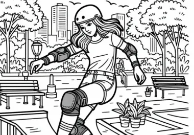 Skateboarderin mit Helm – Ausmalbild für Mädchen ab neun kostenlos