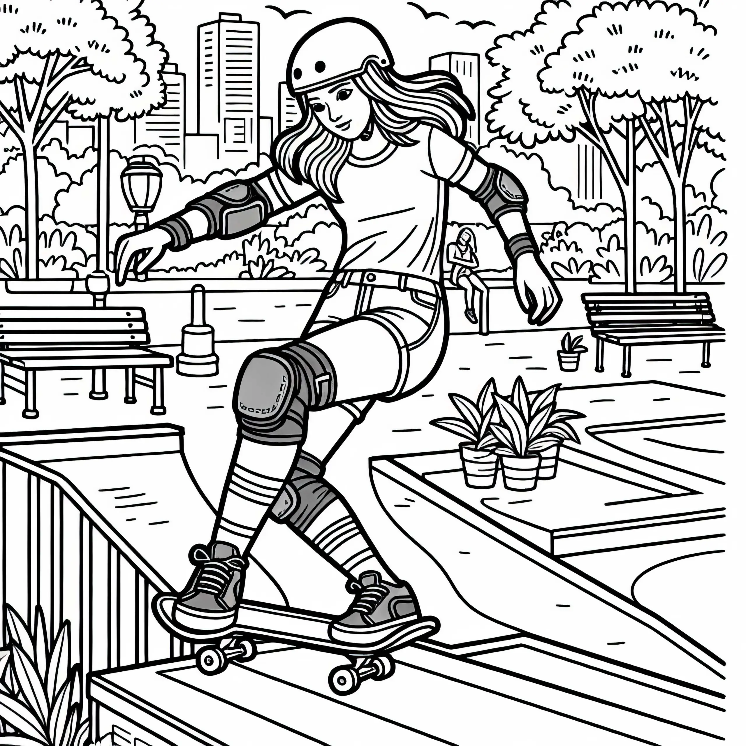 Skateboarderin mit Helm – Ausmalbild für Mädchen ab neun kostenlos