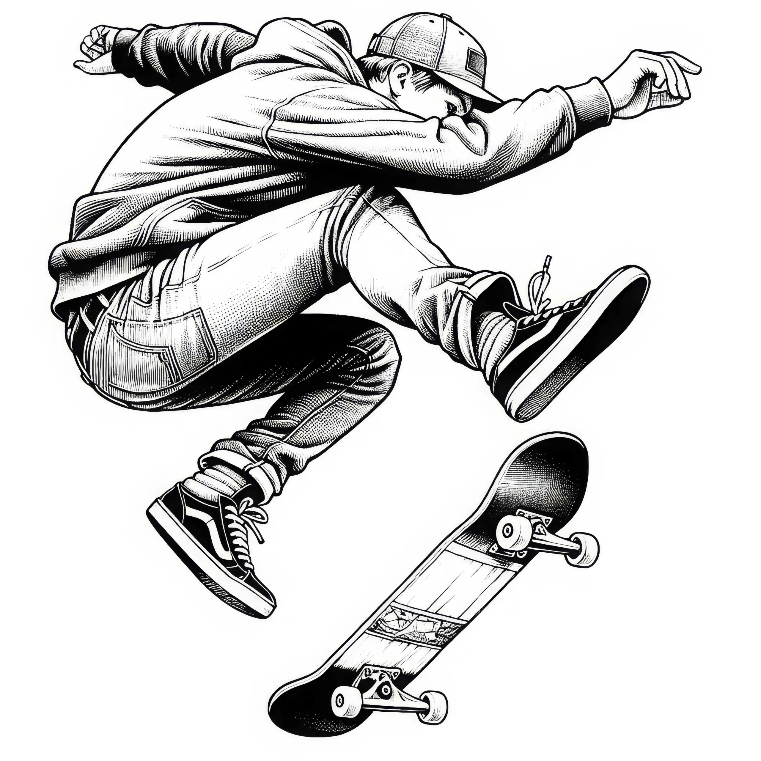 Skater führt Kickflip aus – Detailreiches Ausmalbild gratis