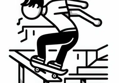 Skater grinded mit Board auf Geländerstange im Skatepark – Ausmalbild einfach gratis