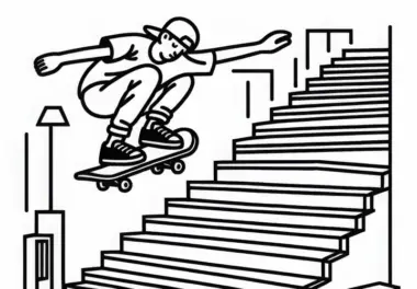Skater macht Sprung von Treppe – Ausmalbild gratis