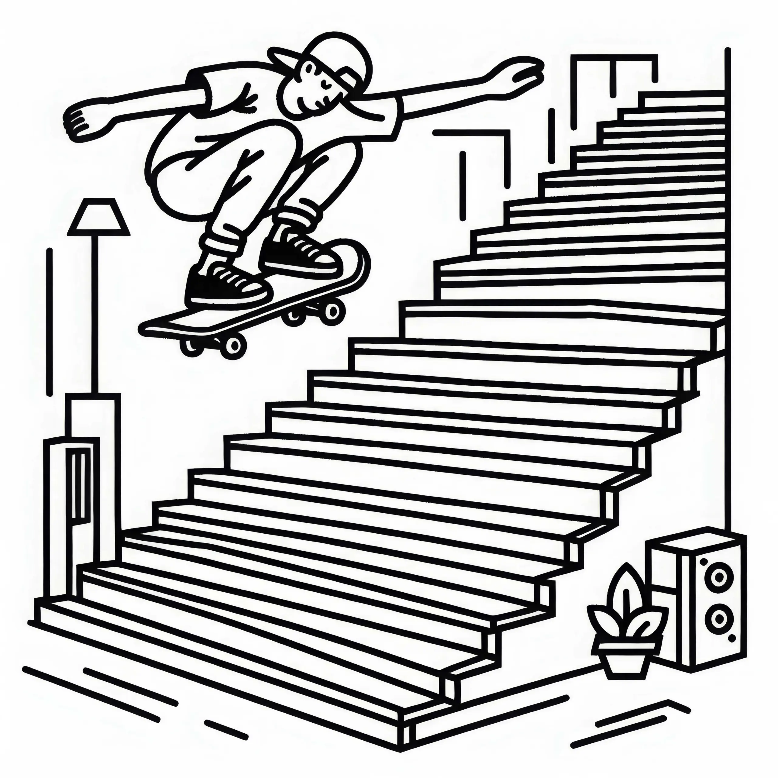 Skater macht Sprung von Treppe – Ausmalbild gratis