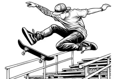 Skater macht einen Sprung von der Treppe – Malvorlage gratis