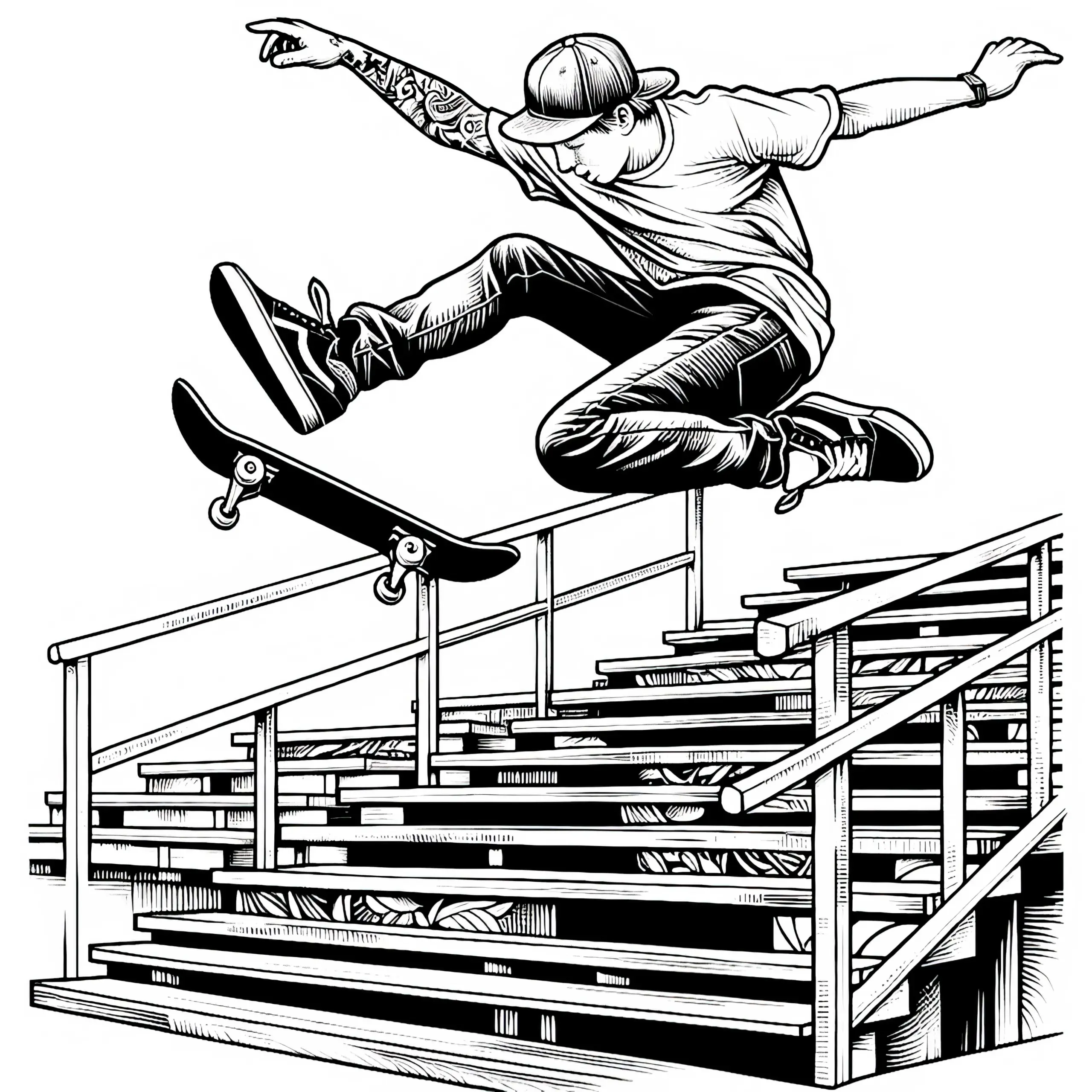 Skater macht einen Sprung von der Treppe – Malvorlage gratis (Ausmalbild)