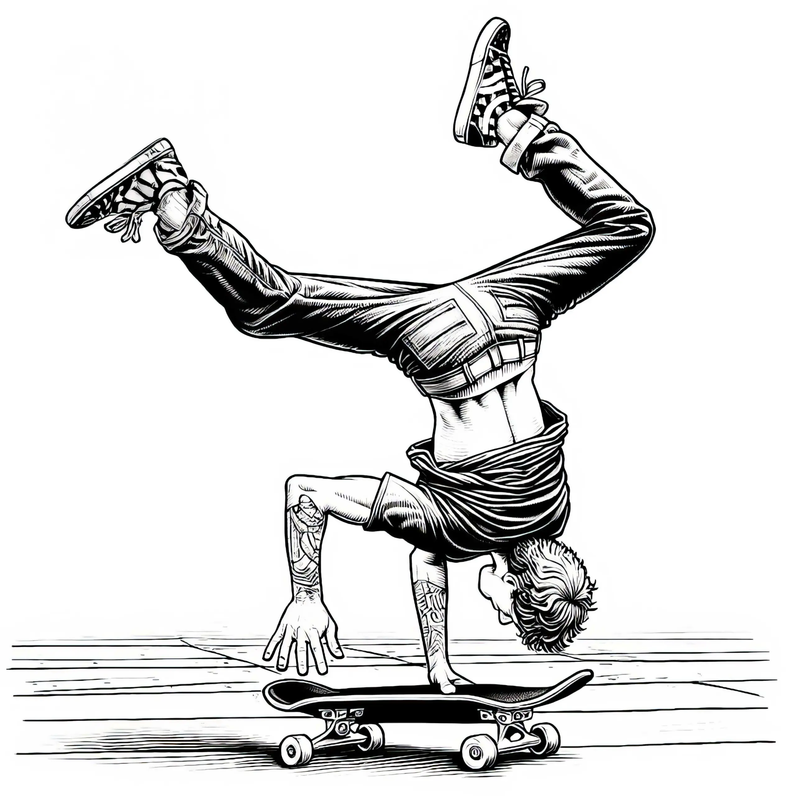 Skater übt Handstand auf Board – Malvorlage detailreich gratis (Ausmalbild)